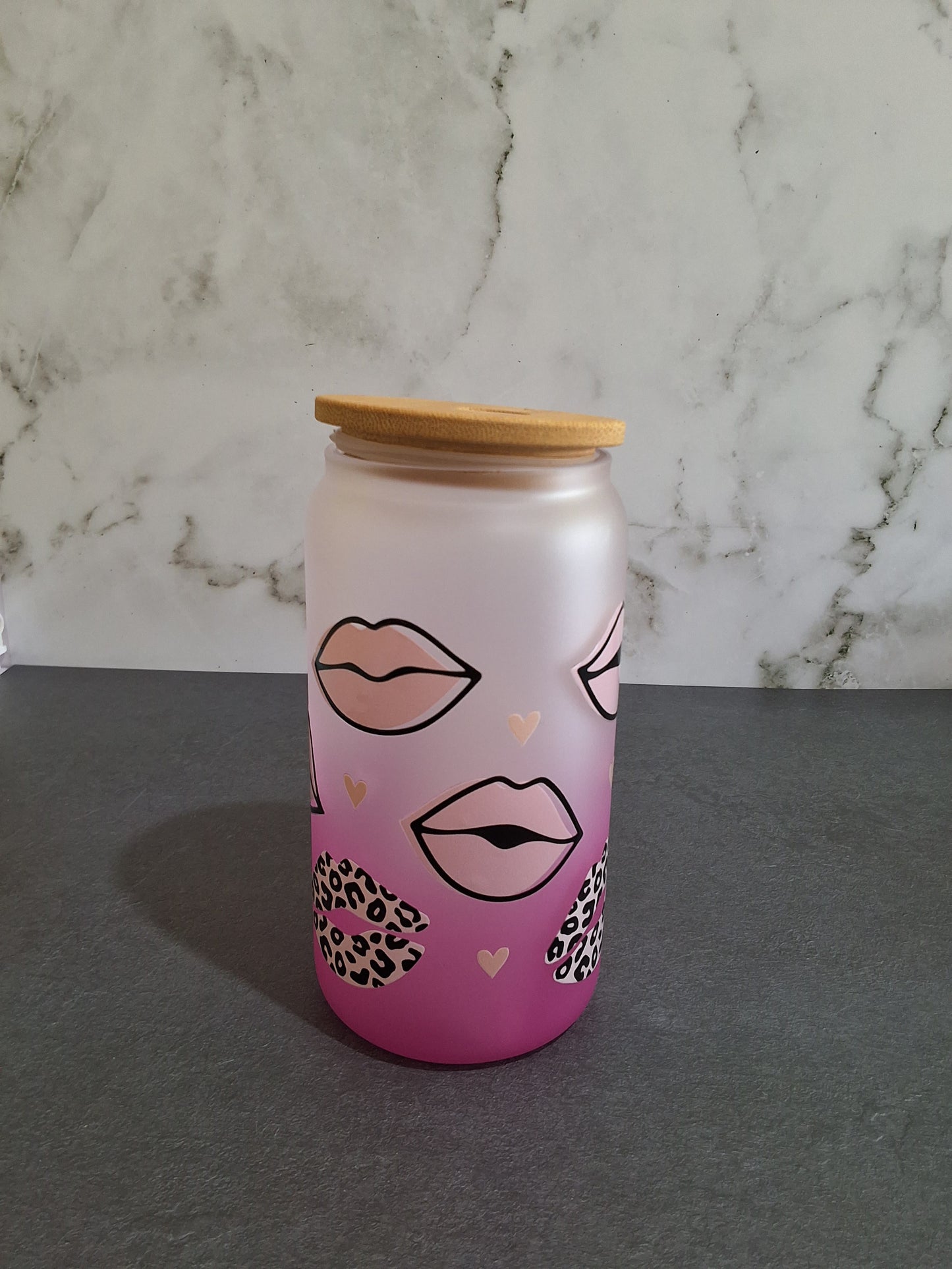 Pink Ombre Leopard Lips Glass Tumbler