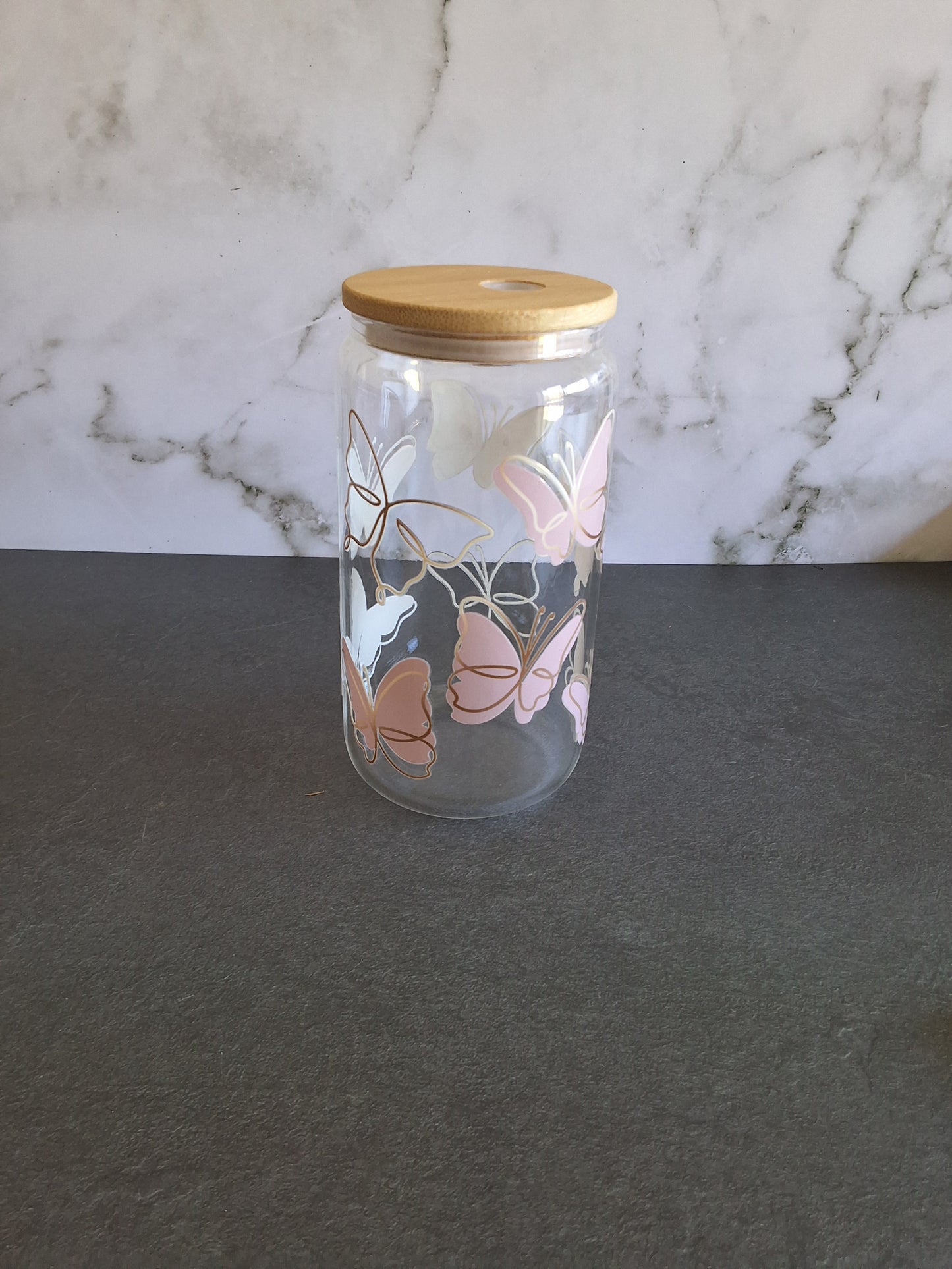 Gold and Pink Butterflies Glass Tumbler