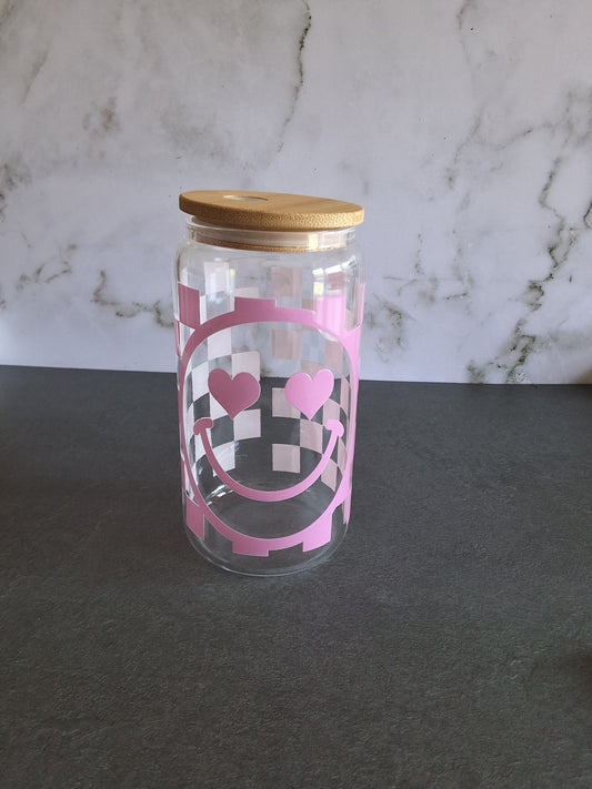 Pink Check Face Glass Tumbler