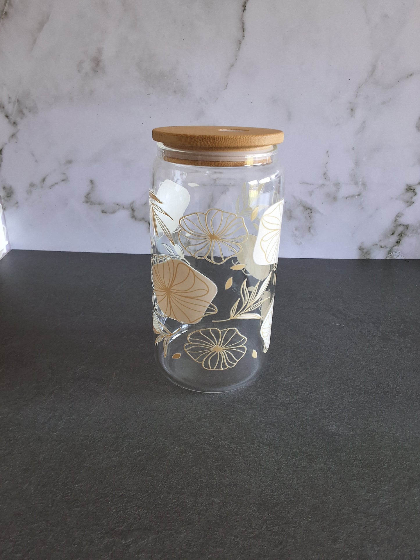 Beige and Gold Floral Glass Tumbler