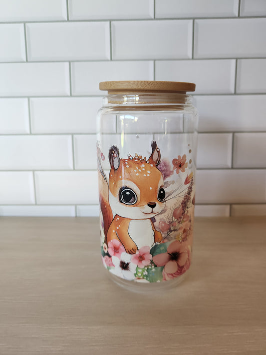 Floral Squirrel Glass Tumbler