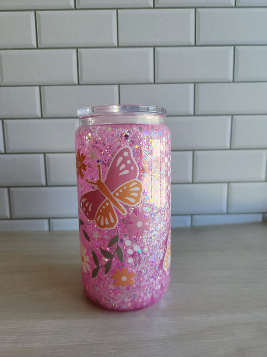 Pink Butterfly Snow Globe Tumbler