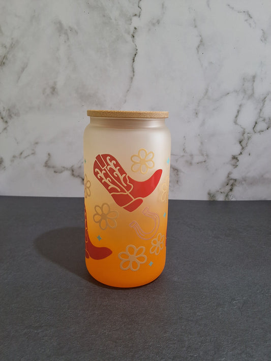 Orange Ombre Cowboy Boots and Horse Shoe Glass Tumbler